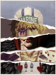 2boys aged_down black_coat blonde_hair brothers brown_eyes cigarette clothes_writing coat collarbone donquixote_doflamingo donquixote_rocinante feathered_coat heart heart_print highres iam_san3 looking_at_viewer makeup male_focus marine_uniform_(one_piece) multiple_boys one_piece pink_shirt red_hood shirt short_hair siblings