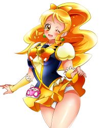 Rule 34 | 10s, 1girl, absurdres, bad id, bad pixiv id, blush, bow, brooch, clothes lift, cure honey, earrings, hair bow, happinesscharge precure!, heart, heart brooch, highres, jewelry, long hair, magical girl, matching hair/eyes, one eye closed, oomori yuuko, orange bow, orange eyes, orange hair, orange skirt, panties, precure, sharumon, skirt, skirt lift, smile, solo, underwear, white background, white panties, wrist cuffs