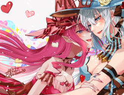 Rule 34 | 2girls, blue eyes, blue headwear, bow, breasts, brown bow, cleavage, confetti, eye contact, baobhan sith (fate), baobhan sith (valentine witches) (fate), fate/grand order, fate (series), fingernails, flower, grey background, hat, hat bow, hat flower, heart, large breasts, long fingernails, long hair, looking at another, morgan le fay (fate), morgan le fay (valentine witches) (fate), multiple girls, nail polish, pink hair, pink headwear, pointy ears, purple eyes, red nails, rose, signature, smile, togashi (choco-bakama kitchen), twitter username, upper body, valentine, white hair, witch hat, yellow flower, yellow rose
