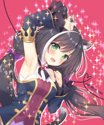 Rule 34 | 1girl, ameto yuki, animal ear fluff, animal ears, arm up, armpits, artist name, bare shoulders, black hair, black sleeves, blush, breasts, cat ears, cat girl, cat tail, commentary request, detached sleeves, fang, green eyes, hair between eyes, heart, karyl (princess connect!), long hair, long sleeves, looking at viewer, low twintails, multicolored hair, open mouth, princess connect!, purple skirt, red background, shirt, skirt, sleeveless, sleeveless shirt, small breasts, solo, sparkle, streaked hair, tail, tail raised, twintails, very long hair, white hair, white shirt, wide sleeves