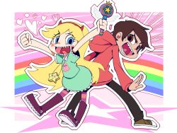 Rule 34 | 1boy, 1girl, back-to-back, blonde hair, blue eyes, brown eyes, brown hair, dark skin, dark-skinned male, demon horns, hairband, headband, heart, highres, hood, hoodie, horns, long hair, looking at viewer, marco diaz, pantyhose, rainbow, sharp teeth, star (symbol), star butterfly, star vs the forces of evil, striped, striped background, sutores741, teeth, wand
