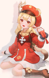 Rule 34 | 1girl, :d, absurdres, ahoge, backpack, bag, bag charm, blonde hair, blush, boots, brown footwear, cabbie hat, charm (object), commentary request, dress, genshin impact, gloves, hand up, hat, hat feather, highres, jisu lee, klee (genshin impact), knee boots, long hair, long sleeves, looking at viewer, low twintails, open mouth, pointy ears, red dress, red eyes, red hat, sitting, smile, solo, tail, twintails, wariza