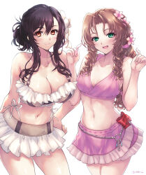 Rule 34 | 2girls, aerith gainsborough, aerith gainsborough (pink mermaid), bare arms, bare shoulders, bikini, braid, braided ponytail, breasts, brown eyes, cleavage, closed mouth, cowboy shot, curly hair, final fantasy, final fantasy vii, final fantasy vii rebirth, final fantasy vii remake, flower, frilled bikini, frills, green eyes, hair between eyes, hair flower, hair ornament, hand on own hip, highres, large breasts, light blush, looking at viewer, medium breasts, midriff, multiple girls, navel, official alternate costume, open mouth, parted bangs, pink bikini, pink flower, pink skirt, sidelocks, signature, single braid, skirt, smile, swimsuit, tifa lockhart, tifa lockhart (shining spirit), updo, w arms, white background, white bikini, white flower, white skirt, yano takumi