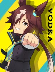 Rule 34 | 1girl, animal ears, black jacket, blue background, character name, clenched hand, commentary request, crop top, grin, hair over one eye, highres, horse ears, jacket, krtn gameac, long hair, looking at viewer, low ponytail, multicolored hair, open clothes, open jacket, outstretched arm, ponytail, smile, solo, two-tone background, two-tone hair, umamusume, upper body, v-shaped eyebrows, very long hair, vodka (umamusume), white hair, yellow background