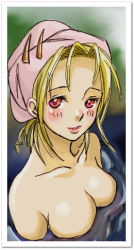 Rule 34 | 1girl, arc the lad, arc the lad ii, bathing, blonde hair, blush, breasts, cleavage, female focus, lieza (arc the lad), lipstick, long hair, lowres, makeup, nama-hamu, pink eyes, solo, towel, water