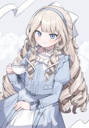 Rule 34 | 1girl, absurdres, blue dress, blue eyes, blue hairband, blue nails, blush, bow, commission, cup, dress, drill hair, earrings, grey hair, hair bow, hairband, highres, holding, holding cup, inuyayo, jewelry, juliet sleeves, long hair, long sleeves, looking at viewer, nail polish, original, puffy sleeves, simple background, skeb commission, solo, teacup, very long hair, white bow