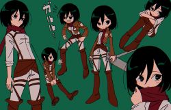 Rule 34 | 1girl, adjusting scarf, angry, belt, black eyes, black hair, blush, boots, breasts, brown background, brown footwear, brown jacket, character sheet, commentary, cropped jacket, emblem, expressionless, film grain, frown, green background, hair between eyes, hanging, highres, holding, holding sword, holding weapon, hugging own legs, jacket, knees up, looking ahead, looking away, mikasa ackerman, multiple views, nzeneee, pants, paradis military uniform, parody, red scarf, scarf, shingeki no kyojin, shirt, short hair, sitting, small breasts, standing, style parody, sword, texture, thigh strap, three-dimensional maneuver gear, translated, weapon, white pants, white shirt