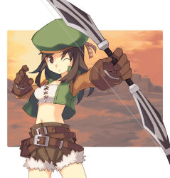 Rule 34 | bow (weapon), brown hair, fantasy earth zero, gloves, hat, midriff, navel, one eye closed, scout (fez), shorts, solo, tanaka (cow), weapon, wink