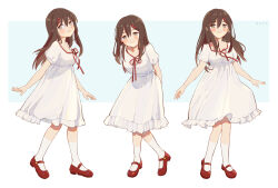 Rule 34 | 3girls, absurdres, blush, breasts, brown eyes, brown hair, casual, chinese commentary, closed mouth, commentary, double-parted bangs, dress, frilled dress, frills, from side, full body, hair between eyes, hair ornament, hairclip, highres, inuinu-s, kagerou project, leaning forward, legs apart, light blue background, long hair, looking at viewer, mary janes, multiple girls, multiple persona, neck ribbon, no scarf, official alternate costume, puffy short sleeves, puffy sleeves, red footwear, red ribbon, red trim, ribbon, shoes, short sleeves, small breasts, smile, socks, standing, tareme, tateyama ayano, two-tone background, white background, white dress, white socks