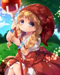 Rule 34 | 1girl, blonde hair, blue bracelet, blue eyes, bow, bracelet, braid, dragon quest, dragon quest xi, dress, hat, highres, holding, holding staff, jewelry, outdoors, parted lips, red bow, red dress, red hat, rushin, sitting, sitting on log, solo, staff, twin braids, veronica (dq11)