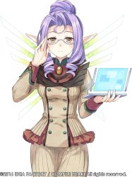 Rule 34 | 10s, 1girl, 2016, adjusting eyewear, brown eyes, company name, copyright name, fairy fencer f, glasses, highres, holding, looking at viewer, official art, original, pointy ears, purple hair, simple background, solo, tsunako, w, watermark, white background, wings