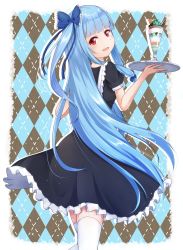 Rule 34 | 1girl, absurdres, apron, argyle, argyle background, argyle clothes, black dress, blue bow, blue hair, bow, chocolate mint, commentary, dress, frilled apron, frilled bow, frilled dress, frills, from behind, hair bow, highres, holding, holding tray, kotonoha aoi, long hair, looking at viewer, looking back, mint chocolate, mint chocolate chip, open mouth, parfait, red eyes, shirua (s4-42424), sidelocks, skindentation, smile, solo, standing, thighhighs, tray, very long hair, voiceroid, wafer stick, waitress, white thighhighs, zettai ryouiki