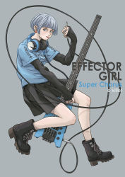 Rule 34 | 1girl, a killer, ankle boots, artist name, black skirt, black sleeves, blue shirt, bob cut, boots, cable, cross-laced footwear, electric guitar, english text, grey background, grey hair, guitar, headphones, headphones around neck, highres, instrument, lace-up boots, layered sleeves, long sleeves, looking at viewer, original, shirt, short hair, short over long sleeves, short sleeves, skirt, t-shirt