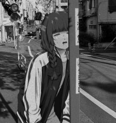 Rule 34 | 1girl, blunt bangs, bocchi the rock!, bow, braid, building, closed eyes, day, drooling, drunk, facing viewer, greyscale, hair bow, hair over shoulder, hiroi kikuri, ibuki (ibuki0118), jacket, leaning, long hair, long sleeves, monochrome, open clothes, open jacket, open mouth, outdoors, photo background, road, road sign, sign, solo, standing, street, sweat, utility pole