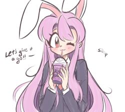 Rule 34 | 1girl, :3, animal ears, black jacket, blazer, closed mouth, collared shirt, commentary, cup, disposable cup, drinking straw, english commentary, english text, grimace shake (meme), hair between eyes, holding, holding cup, jacket, light purple hair, littlecloudie, long hair, long sleeves, looking at viewer, meme, milkshake, necktie, one eye closed, rabbit ears, rabbit girl, red eyes, red necktie, reisen udongein inaba, shirt, simple background, smile, solo, tareme, touhou, upper body, very long hair, white background, white shirt