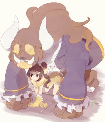 Rule 34 | 1girl, all fours, bad id, bad pixiv id, beauty and the beast, brown eyes, brown hair, commentary request, dress, fangs, frilled sleeves, frills, gloves, horns, long hair, looking to the side, monster, ponytail, rawan, sidelocks, teeth, trait connection, yellow gloves