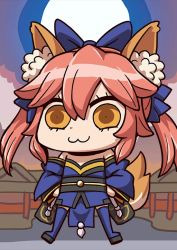 Rule 34 | 10s, 1girl, :3, animal ears, april fools, chibi, fate/extra, fate/grand order, fate (series), fox ears, fox tail, hair ribbon, japanese clothes, pink hair, ribbon, riyo (lyomsnpmp), solo, tail, tamamo no mae (fate/extra), twintails, yellow eyes