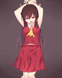 Rule 34 | 1girl, armpits, arms up, ascot, bad id, bad pixiv id, bow, brown hair, hair bow, hakurei reimu, highres, long hair, open mouth, red eyes, restrained, skirt, solo, touhou, yonaga (masa07240)