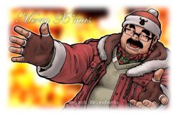 Rule 34 | 1boy, artist name, bara, beanie, beard stubble, belly, black hair, christmas, dutch angle, facial hair, fat, fat man, fingerless gloves, glasses, gloves, hat, jacket, male focus, mature male, merry christmas, old, old man, original, outstretched arms, pectorals, raised eyebrows, red hat, reindeer print, santa costume, santa hat, seizou ebisubash, short hair, solo, stubble, thick eyebrows, thick mustache, ugly man, upper body, winter clothes