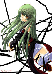 Rule 34 | 00s, 1girl, black gloves, c.c., code geass, elbow gloves, from behind, gloves, green hair, long hair, looking at viewer, looking back, simple background, solo, thigh strap, thighhighs, very long hair, white background, white thighhighs, yellow eyes, zettai ryouiki