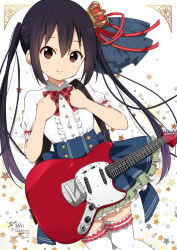 Rule 34 | 1girl, black hair, bow, brown eyes, commentary request, crown, electric guitar, fender mustang, frilled thighhighs, frills, guitar, hair ribbon, highres, instrument, k-on!, long hair, mini crown, nakano azusa, official style, puffy short sleeves, puffy sleeves, ragho no erika, ribbon, shirt, short sleeves, skirt, smile, solo, thighhighs, twintails, white shirt, white thighhighs