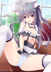 Rule 34 | 1girl, absurdres, animal ear fluff, animal ears, black dress, black hair, breasts, cameltoe, cat ears, cat tail, chair, cleavage, cleft of venus, coffee cup, collar, cup, curtains, detached collar, detached sleeves, disposable cup, dress, frilled thighhighs, frills, hair between eyes, hair ribbon, highres, indoors, large breasts, long hair, maid, maid headdress, microsoft windows, open mouth, original, panties, red eyes, ribbon, saucer, sitting, sitting on table, spread legs, striped clothes, striped panties, table, tail, thighhighs, underwear, white thighhighs, yukimura usagi