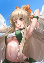 Rule 34 | 1girl, :p, arm strap, armpits, arms behind head, bare shoulders, bikini, blue sky, blush, breasts, cloud, commentary request, cowboy shot, day, eyebrows hidden by hair, green bikini, green sarong, groin, hair ribbon, halterneck, highres, light brown hair, long hair, looking at viewer, medium breasts, midriff, navel, orange ribbon, oregano (olgn eao), original, ponytail, ribbon, sarong, signature, sky, smile, solo, standing, strapless, swimsuit, tongue, tongue out, tube top, underboob, white tube top