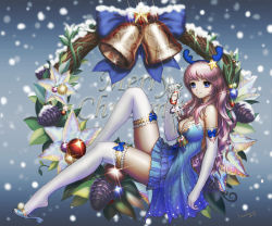 Rule 34 | 1girl, acorn, antlers, artist name, bare shoulders, bell, black gloves, black thighhighs, blue bow, blue dress, blue eyes, blue footwear, bow, breasts, brown background, christmas, christmas ornaments, cleavage, closed mouth, dress, elbow gloves, eyeliner, fake antlers, frilled thighhighs, frills, from side, full body, gloves, gradient background, hair ornament, hairband, holding, horns, knee up, leaf, lens flare, long hair, looking at viewer, looking to the side, lucky9, makeup, merry christmas, original, pinecone, pink hair, pleated dress, pom pom (clothes), sandals, santa costume, shoe dangle, shoes, short dress, signature, sitting, smile, snow, snowing, solo, sparkle, star (symbol), star hair ornament, strapless, strapless dress, thighhighs, wreath, zettai ryouiki