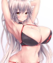 Rule 34 | 1girl, armpits, arms behind head, bikini, black choker, breasts, choker, cleavage, commentary request, fate/grand order, fate (series), highres, jeanne d&#039;arc alter (swimsuit berserker) (fate), jeanne d&#039;arc (fate), jeanne d&#039;arc alter (fate), jeanne d&#039;arc alter (swimsuit berserker) (fate), large breasts, long hair, navel, o-ring, o-ring bikini, o-ring bottom, o-ring top, shrug (clothing), smile, swimsuit, very long hair, white background, yellow eyes, yuuki shuri