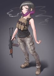 Rule 34 | 1girl, absurdres, aks-74u, assault rifle, black eyes, black hair, black tank top, bob cut, brown footwear, camouflage, camouflage pants, cigarette, closed mouth, commentary request, commission, frown, full body, glaring, gradient hair, grey background, grey pants, gun, half-closed eyes, harness, highres, holding, holding gun, holding weapon, kalashnikov rifle, kzm (sub-moa works), looking at viewer, magazine (weapon), mouth hold, multicolored hair, original, pants, purple hair, rifle, shoes, short hair, skeb commission, smoking, solo, standing, tank top, weapon