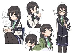 Rule 34 | 1girl, black hair, black pantyhose, blazer, blue jacket, blue skirt, braid, bubble, bug, butterfly, chair, chasen, commentary, cropped torso, cup, drinking, expressionless, from side, glasses, green eyes, green jacket, green neckwear, green sweater, hanakuma chifuyu, highres, holding, holding cup, insect, jacket, light blush, looking at viewer, medium hair, miniskirt, multiple views, no eyewear, pantyhose, pleated skirt, school uniform, semi-rimless eyewear, side braids, sitting, skirt, speech bubble, squinting, steam, sweater, synthesizer v, teacup, teshima nari, translated, twin braids, white background, yunomi