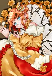 Rule 34 | 1girl, aku no musume (vocaloid), aqua eyes, bare shoulders, blonde hair, blue eyes, bottle, bow, broken mirror, choker, crying, crying with eyes open, dress, earrings, evillious nendaiki, flower, frilled dress, frilled sleeves, frills, hair bow, highres, holding, holding bottle, jewelry, juliet sleeves, kagamine rin, letter, long sleeves, lying, message in a bottle, mirror, on side, parted lips, puffy sleeves, regret message (vocaloid), reifuji, riliane lucifen d&#039;autriche, rose, shards, solo, tears, updo, vessel of sin, vocaloid, wide sleeves, yellow dress, yellow flower, yellow rose