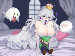 Rule 34 | 1girl, all fours, arm support, bare shoulders, boo (mario), breasts, bright pupils, character doll, cleavage, colored tongue, crown, detached collar, dress, from side, heart, heart-shaped pupils, high-low skirt, highres, huge breasts, kneeling, looking at viewer, low neckline, luigi, luigi&#039;s mansion, mario (series), new super mario bros. u deluxe, nintendo, on bed, open mouth, pale skin, princess king boo, purple eyes, purple tongue, sharp teeth, solo, strapless, strapless dress, super crown, symbol-shaped pupils, teeth, thighhighs, tongue, tongue out, uchujin 416, white dress, white hair, white pupils, white thighhighs