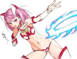 Rule 34 | 1girl, attack, bare shoulders, copyright request, cowboy shot, crop top, detached sleeves, fate (series), flat chest, headgear, helena blavatsky (fate), helena blavatsky (swimsuit archer) (fate), helena blavatsky (swimsuit archer) (second ascension) (fate), motion blur, navel, open mouth, panties, pink eyes, pink hair, simple background, sketch, solo, tetsu (kimuchi), thighhighs, twintails, underwear, v-shaped eyebrows, white background, white panties