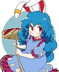 Rule 34 | 1girl, animal ears, blue dress, blue hair, blush, closed mouth, dress, earclip, holding, ini (inunabe00), kine, long hair, mallet, rabbit ears, red eyes, seiran (touhou), short sleeves, solo, touhou