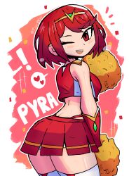 Rule 34 | !, 1girl, absurdres, ass, bare shoulders, cheerleader, ears, female focus, head tilt, heart, highres, looking at viewer, matching hair/eyes, nintendo, one eye closed, pom pom (cheerleading), pyra (xenoblade), red background, red eyes, red hair, red shirt, red skirt, shiny skin, shirt, short hair, skirt, sleeveless, solo, thighhighs, tony welt, whale tail (clothing), white background, white thighhighs, wink, xenoblade chronicles (series), xenoblade chronicles 2, zettai ryouiki