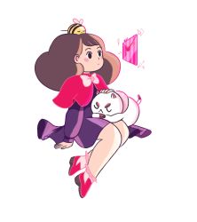 Rule 34 | &gt;:&lt;, 1girl, :&lt;, animal, animal on head, arm support, artist name, bee, bee (bee and puppycat), bee and puppycat, bow, brown hair, bug, capelet, closed eyes, closed mouth, dress, envelope, frederator, insect, long hair, natasha allegri, on head, puppycat, simple background, sitting, v-shaped eyebrows, white background