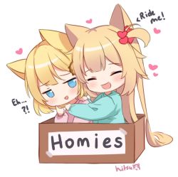 Rule 34 | 2girls, ^ ^, aged down, akai haato, animal ears, blonde hair, blue eyes, blue shirt, blush, box, cat ears, closed eyes, commentary, english commentary, english text, hair ornament, heart, heart hair ornament, highres, hitsukuya, hololive, hololive english, in box, in container, long hair, long sleeves, multiple girls, one side up, pink shirt, puffy long sleeves, puffy sleeves, shirt, signature, simple background, very long hair, virtual youtuber, watson amelia, white background