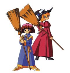 Rule 34 | 1990s (style), 2girls, black footwear, black headwear, blonde hair, broom, cotton (character), cotton (game), dress, gold footwear, hat, high heels, highres, holding, holding broom, juliet sleeves, living clothes, long dress, long sleeves, multiple girls, needle (cotton), official art, puffy sleeves, pumpkin (cotton), red dress, red eyes, red hair, retro artstyle, robe, scan, short hair, simple background, smile, standing, white background, witch, witch hat, yellow eyes