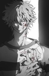 Rule 34 | 1boy, blood, blood on face, blood on hands, gintama, grin, hand up, highres, male focus, one eye covered, prison clothes, sakata gintoki, smile, solo, spot color, ziyizhengjun
