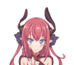 Rule 34 | 10s, 1girl, :&gt;, akino sora, bad id, bad twitter id, blue eyes, blush, closed mouth, colored eyelashes, curled horns, elizabeth bathory (fate), elizabeth bathory (fate/extra ccc), elizabeth bathory (first ascension) (fate), fate/extra, fate/extra ccc, fate (series), finger to cheek, hair ribbon, horns, long hair, pointy ears, portrait, purple ribbon, red hair, ribbon, simple background, smile, solo, upper body, white background