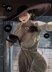 Rule 34 | 1girl, alcina dimitrescu, black flower, black gloves, black hair, black hat, black rose, breasts, brz, claws, cleavage, commentary, cowboy shot, curvy, dress, earrings, english commentary, flower, gloves, hand up, hat, highres, jewelry, licking lips, look-alike, looking at viewer, necklace, outstretched arm, red lips, resident evil, resident evil village, rose, short hair, signature, solo, tile floor, tiles, tongue, tongue out, white dress, yellow eyes