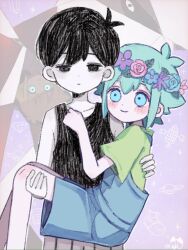 Rule 34 | 2boys, ahoge, aqua eyes, aqua flower, aqua hair, artist name, bare shoulders, basil (faraway) (omori), basil (headspace) (omori), basil (omori), black hair, black shirt, blue flower, carrying, carrying person, child, closed mouth, collarbone, colored skin, expressionless, flower, green shirt, hashtag-only commentary, head wreath, highres, knees, leaf, legs, looking at another, mugi062, multiple boys, omori, omori (omori), outline, overall shorts, overalls, pink flower, purple flower, shirt, short hair, signature, sleeveless, sleeveless shirt, smile, white outline, white skin