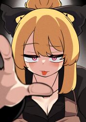 Rule 34 | 1girl, absurdres, black bow, black shirt, blonde hair, blush, bow, breasts, brown dress, cleavage, closed mouth, collared shirt, commentary request, dress, forked tongue, grey background, hair bow, hair bun, highres, kurodani yamame, looking at viewer, medium bangs, medium breasts, pinafore dress, pink eyes, raised eyebrow, reaching, reaching towards viewer, rinyamame, shirt, short hair, sidelocks, single hair bun, sleeveless, sleeveless dress, smile, solo, tongue, tongue out, touhou, upper body