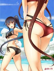 Rule 34 | 10s, 2girls, abo (hechouchou), ass, bare shoulders, beach, bikini, black bikini, black hair, blue sky, blurry, brown hair, butt crack, cloud, day, depth of field, flying sweatdrops, from behind, high ponytail, highres, kantai collection, kantai collection (anime), long hair, multiple girls, out of frame, outdoors, ponytail, red bikini, red eyes, side-tie bikini bottom, sky, striped bikini, striped clothes, swimsuit, twitter username, yahagi (kancolle), yamato (kancolle)