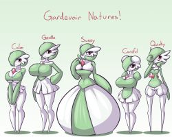Rule 34 | 5girls, @ @, arms behind back, bare shoulders, breasts, character name, cleavage, collarbone, creatures (company), english text, female focus, full body, game freak, gardevoir, gen 3 pokemon, green background, green hair, hair over one eye, half-closed eyes, hand on own hip, hand up, height difference, highres, huge breasts, legs apart, limebreaker, looking at viewer, medium breasts, multiple girls, multiple persona, nintendo, own hands together, personification, pokemon, pokemon (creature), pokemon rse, red eyes, short hair, simple background, skindentation, smile, standing, text focus, thigh gap, underboob, v arms
