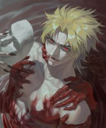 Rule 34 | 1boy, abs, bath, bath of blood, black nails, blonde hair, blood, blood on face, dio brando, dutch angle, evil smile, fangs, fingernails, from above, ghost hands, hand up, highres, holding, holding mask, jojo no kimyou na bouken, looking at viewer, looking up, male focus, mask, unworn mask, medium hair, nail polish, nude, open mouth, parted lips, phantom blood, red eyes, sharp fingernails, slit pupils, smile, solo, spiked hair, stone mask (jojo), toned, toned male, upper body, vampire, yuan di shaobing