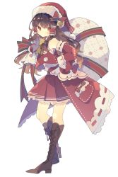 Rule 34 | 1girl, adapted costume, bag, bell, blush stickers, boots, bow, bowtie, brown eyes, brown footwear, brown hair, commentary, detached sleeves, full body, hakurei reimu, hat, highres, holding, holding bag, knee boots, long hair, nikorashi-ka, pleated skirt, red bow, red hat, red shirt, red skirt, santa hat, shirt, simple background, skirt, solo, touhou, white background, white shirt, yellow bow, yellow bowtie