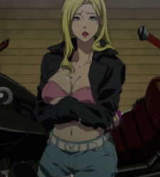 Rule 34 | 1girl, belt, black jacket, blonde hair, blue eyes, breasts, bustier, cellphone, cleavage, collarbone, cowboy shot, cropped jacket, crossed arms, earrings, eyelashes, female focus, fingernails, garo:vanishing line, garo (series), highres, holding, hoop earrings, jacket, jewelry, large breasts, leather, leather jacket, lipstick, long fingernails, long hair, looking at viewer, makeup, midriff, mole, mole under mouth, motor vehicle, motorcycle, nail polish, navel, navel piercing, open clothes, open jacket, open mouth, phone, piercing, screencap, shorts, smartphone, solo, stitched, third-party edit