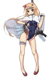 Rule 34 | 1girl, aegis (nerocc), arm up, armpits, asymmetrical bangs, azur lane, bare legs, black-framed eyewear, blonde hair, blue one-piece swimsuit, blush, bottle, breasts, bridal garter, cape, cleveland (azur lane), commentary request, competition swimsuit, contrapposto, eyewear on head, frills, full body, gloves, gluteal fold, grin, gun, hair ornament, half gloves, head tilt, highleg, highleg swimsuit, highres, holding, leaf hair ornament, legs, legs apart, long hair, looking at viewer, medium breasts, no socks, one-piece swimsuit, one side up, open mouth, pigeon-toed, red eyes, red footwear, shoes, simple background, smile, solo, standing, sunglasses, swimsuit, teeth, transparent background, water bottle, weapon, white background, white cape